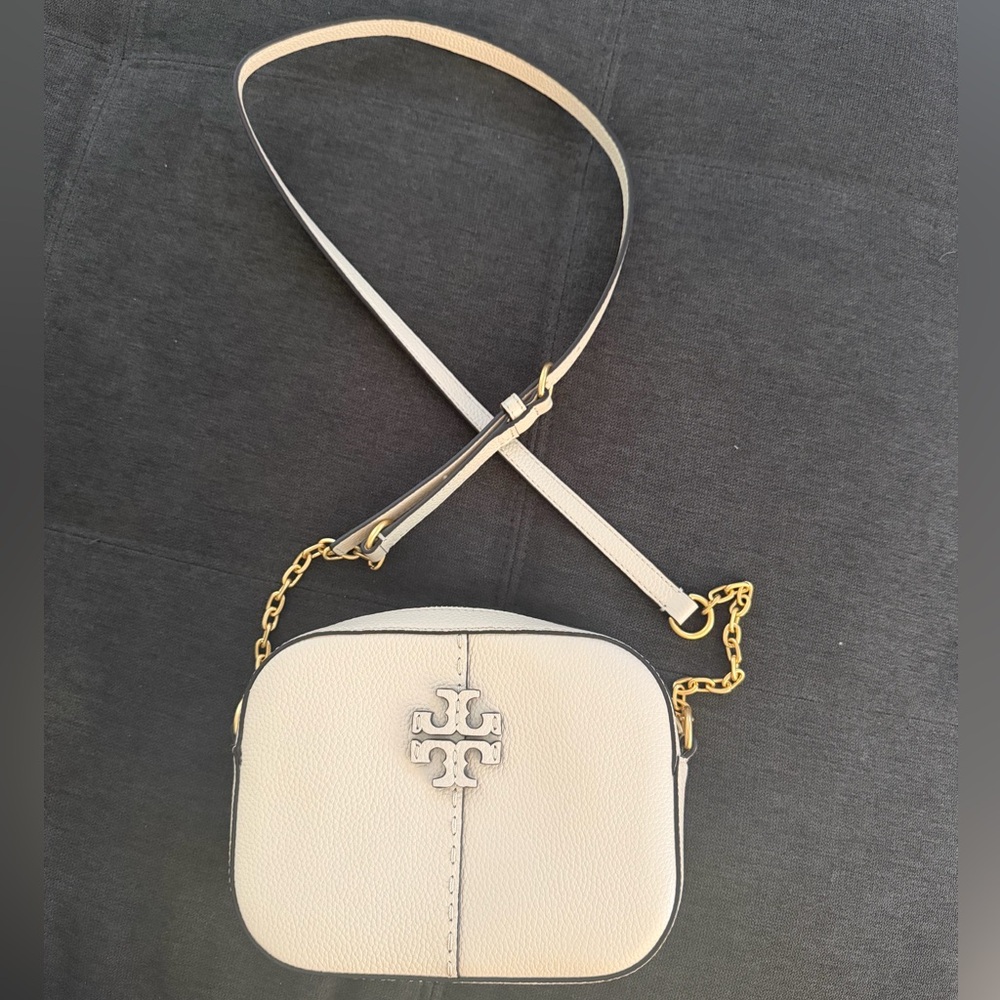 Tory Burch Cream Pebbled Leather Crossbody with Gold Chain Trim